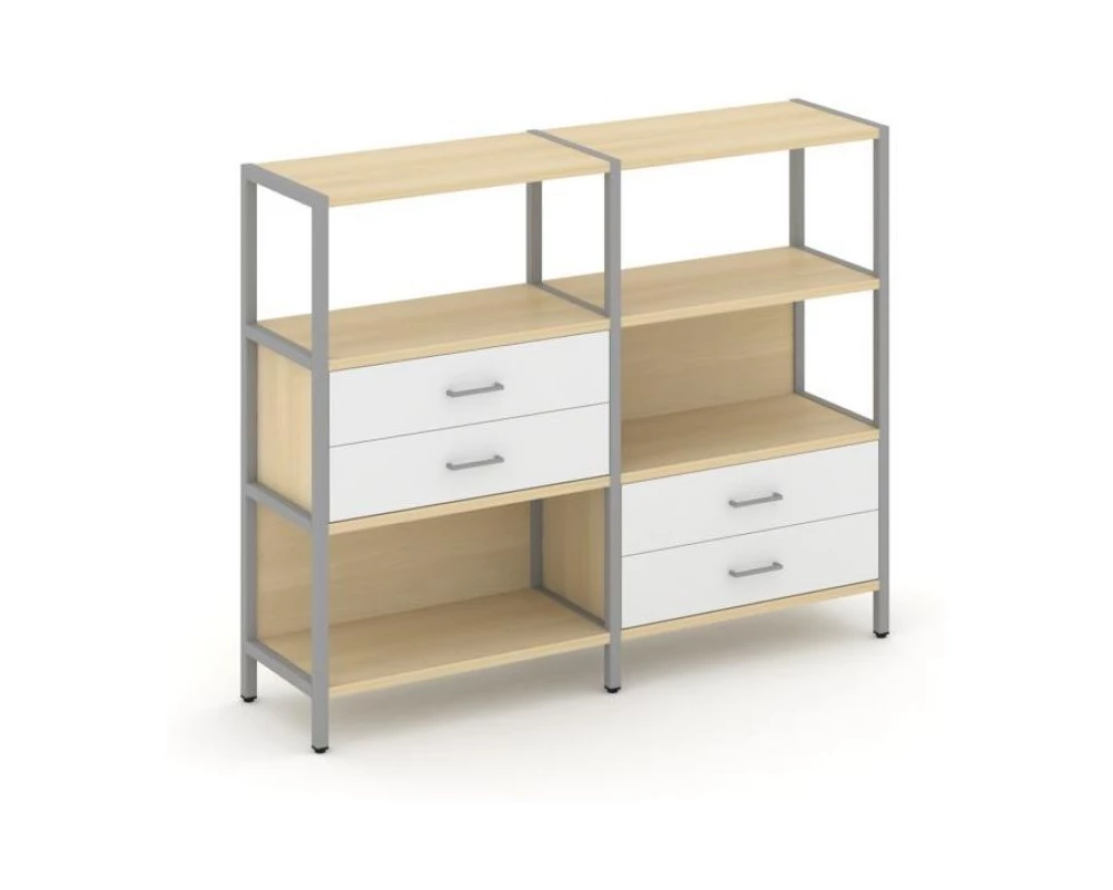 Двухсекционный стеллаж трехярусный с ящиками на двух ярусах 1590х400х1246 Shelf System
