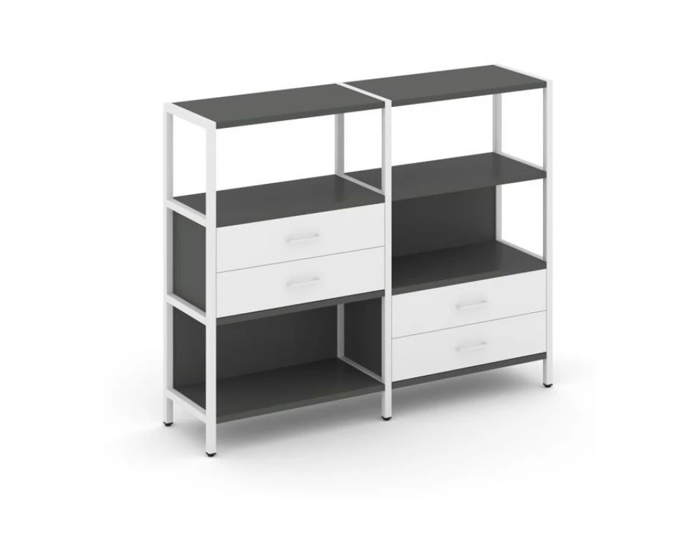 Двухсекционный стеллаж трехярусный с ящиками на двух ярусах 1590х400х1246 Shelf System