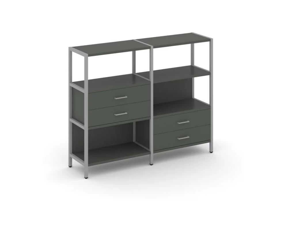 Двухсекционный стеллаж трехярусный с ящиками на двух ярусах 1590х400х1246 Shelf System