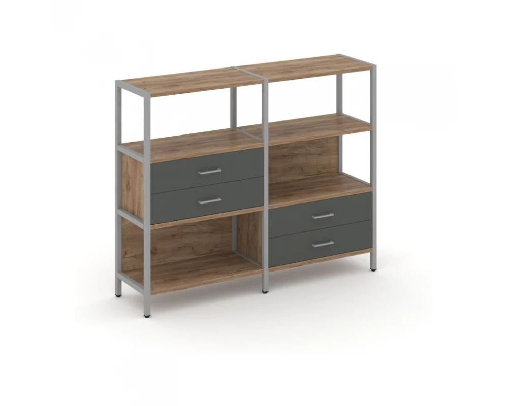 Двухсекционный стеллаж трехярусный с ящиками на двух ярусах 1590х400х1246 Shelf System