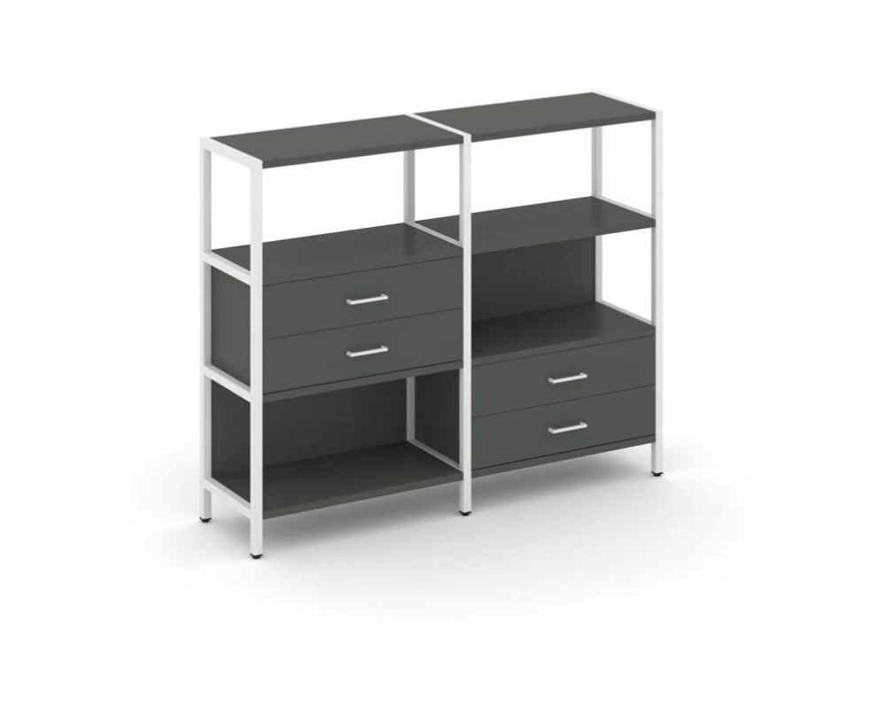 Двухсекционный стеллаж трехярусный с ящиками на двух ярусах 1590х400х1246 Shelf System