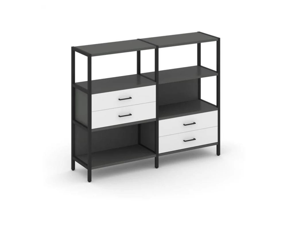 Двухсекционный стеллаж трехярусный с ящиками на двух ярусах 1590х400х1246 Shelf System
